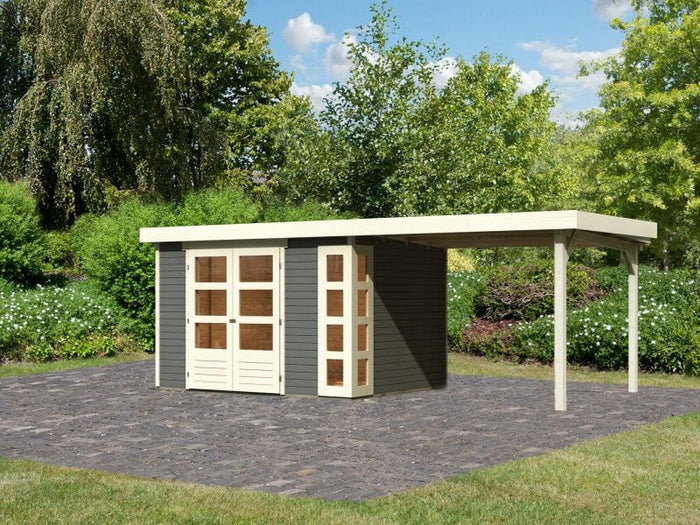 Karibu Gartenhaus Kerko 5 terragrau mit Anbaudach 2,80 m