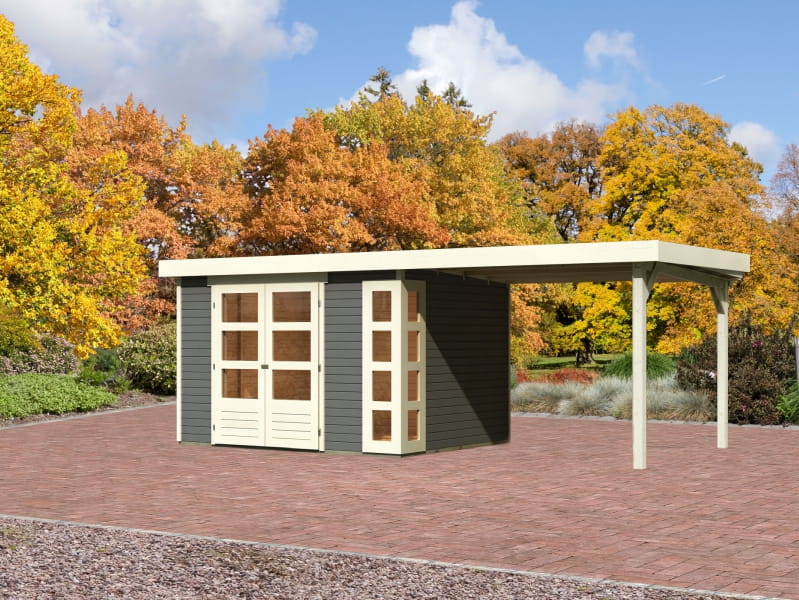 Karibu Gartenhaus Kerko 5 terragrau mit Anbaudach 2,80 m