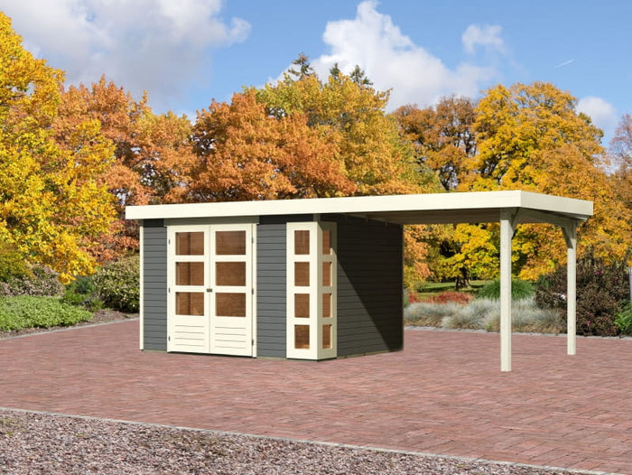 Karibu Gartenhaus Kerko 5 terragrau mit Anbaudach 2,80 m