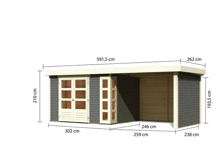 Karibu Gartenhaus Kerko 5 terragrau mit Anbaudach 2,80 m inkl. Seiten- und Rückwand