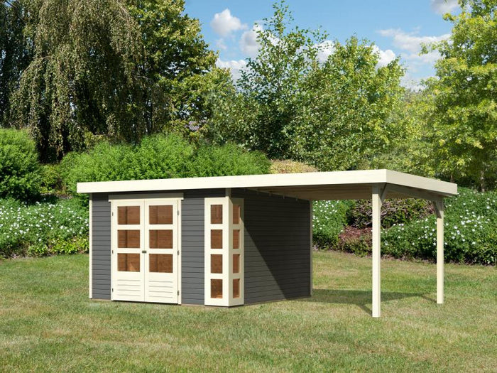Karibu Gartenhaus Kerko 6 mit 2,40 m Anbaudach, 19 mm, terragrau