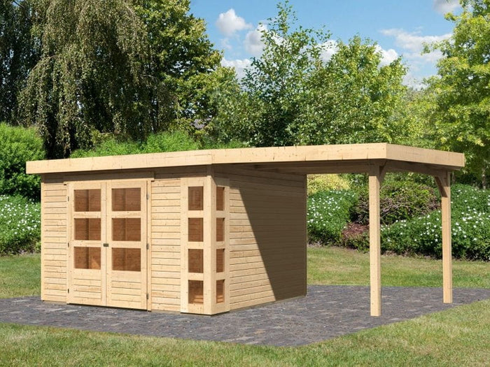 Karibu Gartenhaus Kerko 6 mit 2,40 m Anbaudach, 19 mm, natur