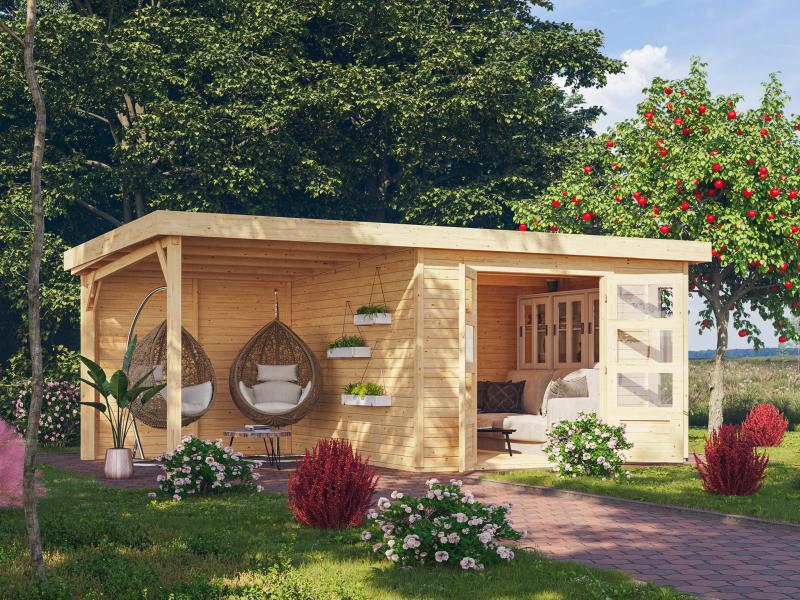 Karibu Gartenhaus Kerko 6 natur mit 2,40 m Anbaudach inkl. Rückwand