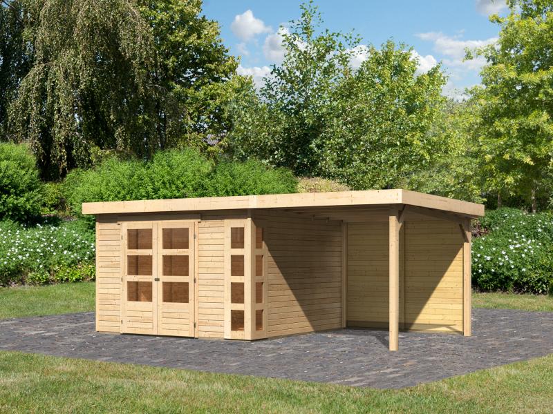 Karibu Gartenhaus Kerko 6 natur mit 2,40 m Anbaudach inkl. Rückwand