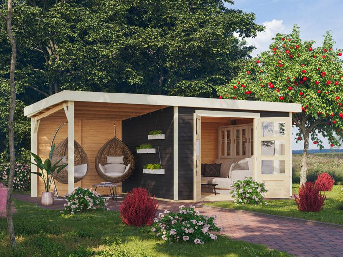 Karibu Gartenhaus Kerko 6 terragrau mit 2,40 m Anbaudach inkl. Rückwand