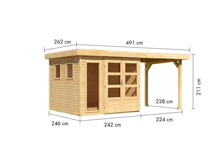 Karibu Gartenhaus Lahar 3,5, natur, inkl. Anbaudach 2,40 m Breite