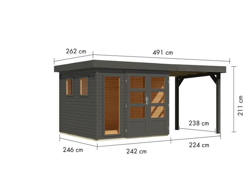Karibu Gartenhaus Lahar 3,5, terragrau komplett, inkl. Anbaudach 2,40 m Breite