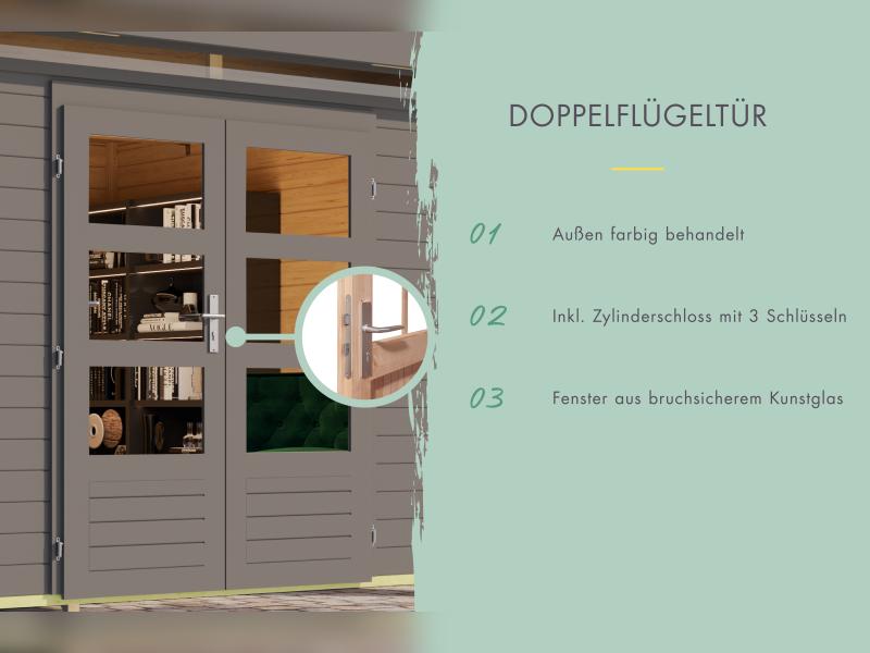 Karibu Gartenhaus Lahar 3,5, terragrau komplett, inkl. Anbaudach 2,40 m Breite