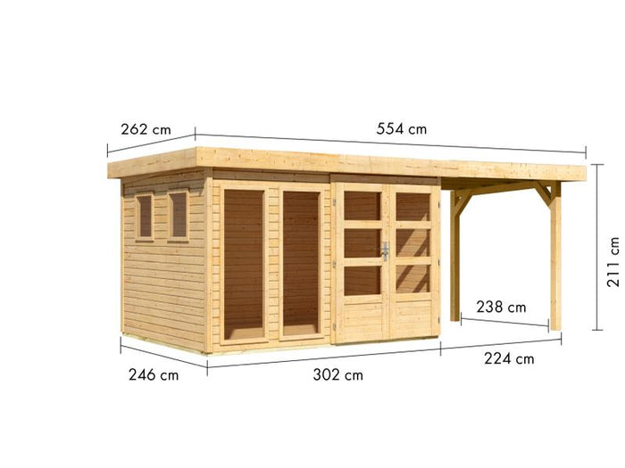 Karibu Gartenhaus Lahar 5, natur, inkl. Anbaudach 2,40 m Breite
