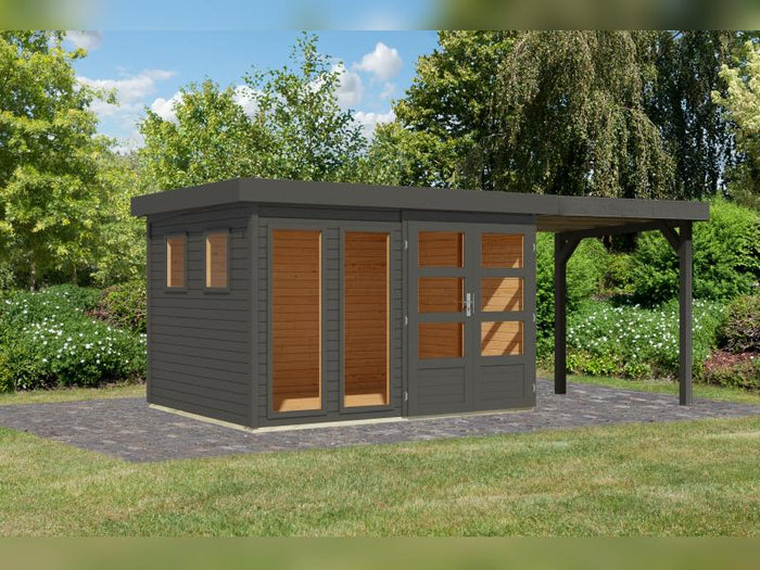Karibu Gartenhaus Lahar 5, terragrau komplett, inkl. Anbaudach 2,40 m Breite