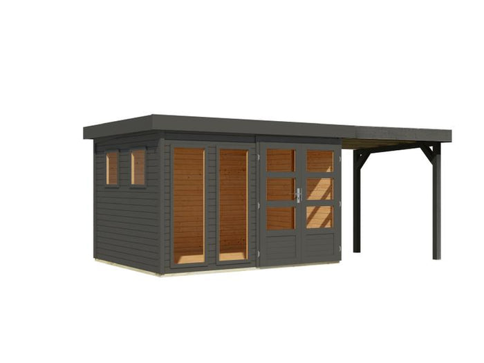 Karibu Gartenhaus Lahar 5, terragrau komplett, inkl. Anbaudach 2,40 m Breite