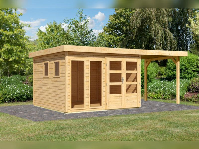 Karibu Gartenhaus Lahar 6, natur, inkl. Anbaudach 2,40 m Breite