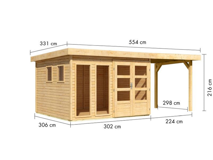 Karibu Gartenhaus Lahar 6, natur, inkl. Anbaudach 2,40 m Breite