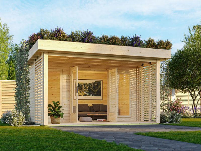 Karibu Gartenhaus Lily, natur, inkl. selbstklebende Dachbahn, Vlies, Wurzelschutzfolie (für Dachbegr