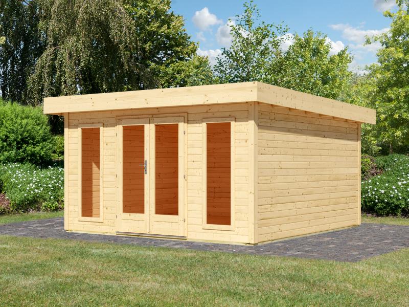 Karibu Gartenhaus Lotus, natur, inkl. selbstklebende Dachbahn, Vlies, Wurzelschutzfolie (für Dachbeg