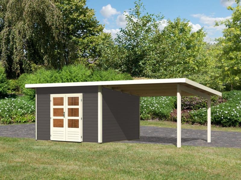 Karibu Gartenhaus Northeim 3 in terragrau mit Anbaudach 3 Meter
