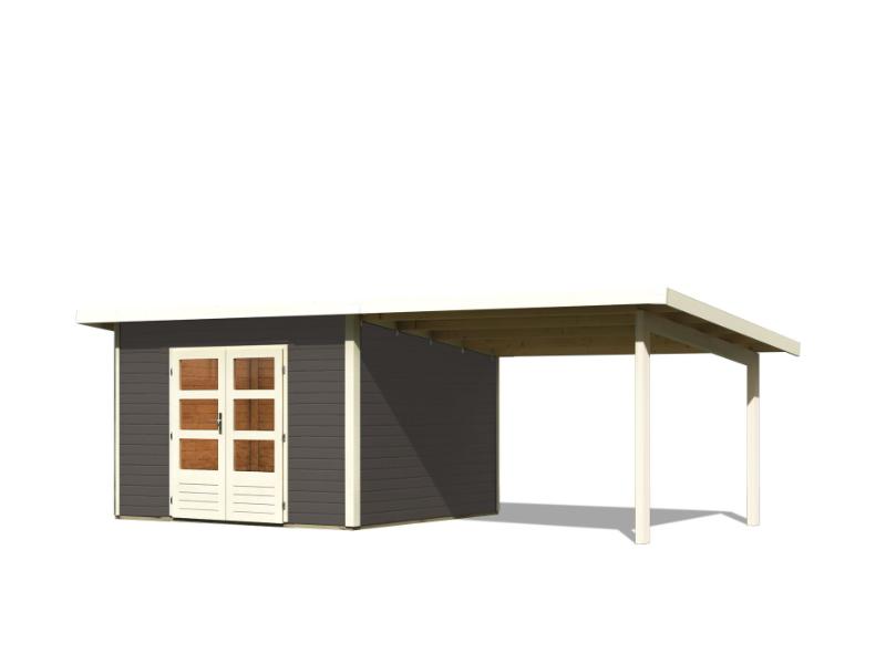 Karibu Gartenhaus Northeim 3 in terragrau mit Anbaudach 3 Meter
