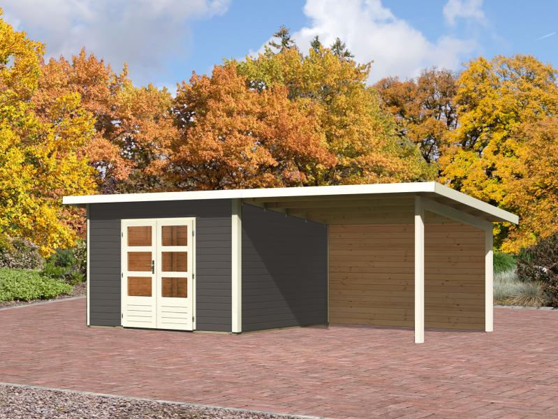 Karibu Gartenhaus Northeim 3 terragrau mit Anbaudach 3,0 Meter inkl. Rückwand
