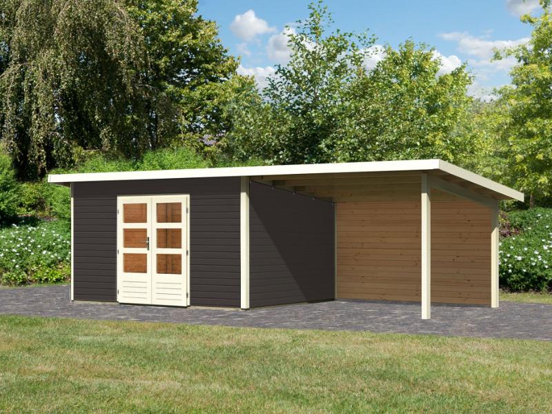 Karibu Gartenhaus Northeim 4 terragrau mit Anbaudach 3 m inkl. Rückwand
