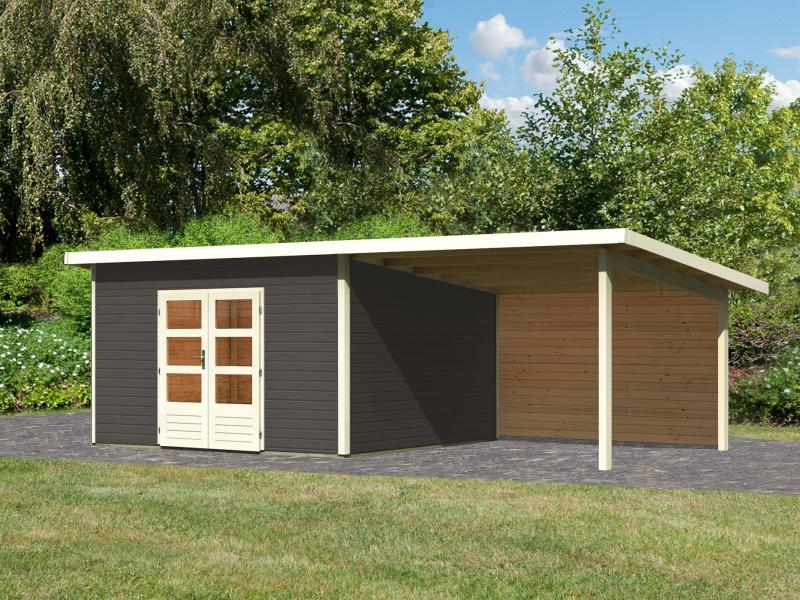 Karibu Gartenhaus Northeim 5 terragrau mit Anbaudach 3 m inkl. Rückwand