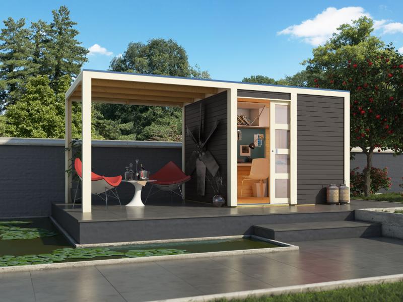 Karibu Gartenhaus Qubic in terragrau mit Anbaudach