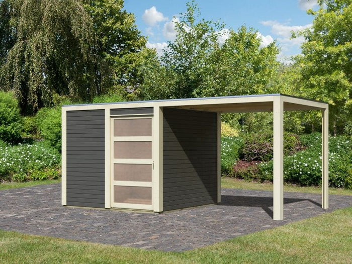 Karibu Gartenhaus Qubic in terragrau mit Anbaudach