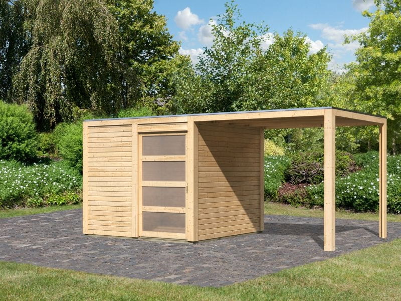 Karibu Gartenhaus Qubic natur mit Anbaudach