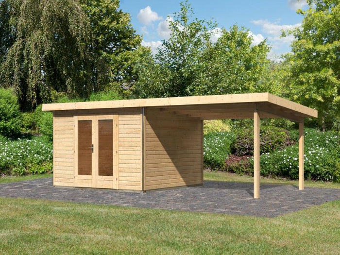Karibu Gartenhaus Radeburg 1 natur mit Anbaudach 3,3 m
