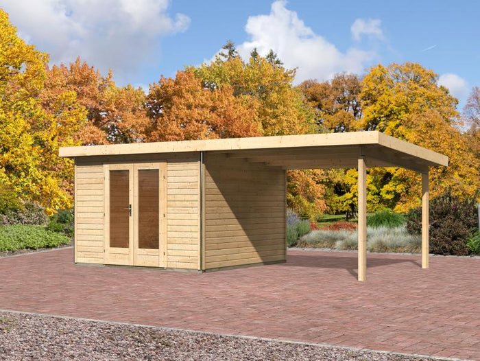 Karibu Gartenhaus Radeburg 1 natur mit Anbaudach 3,3 m