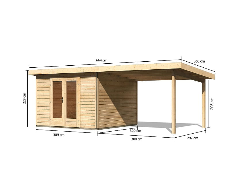 Karibu Gartenhaus Radeburg 1 natur mit Anbaudach 3,3 m