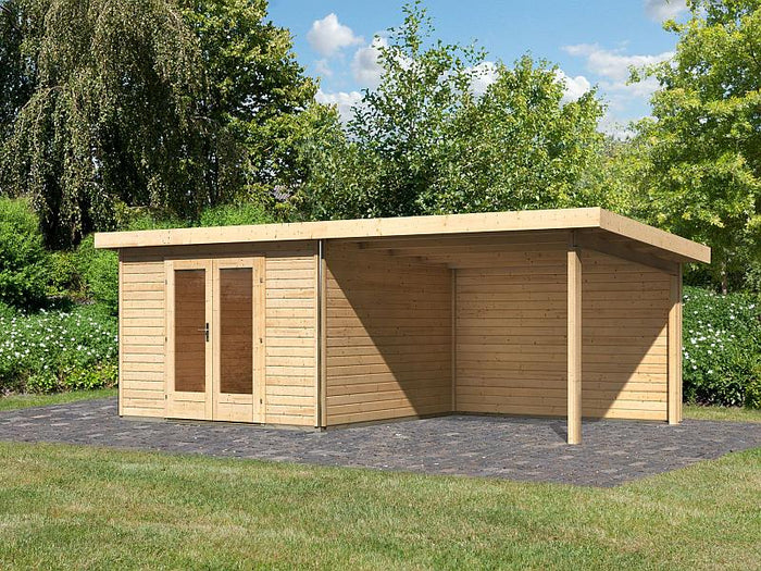 Karibu Gartenhaus Radeburg 1 natur mit Anbaudach 3,3 m inkl. Rückwand