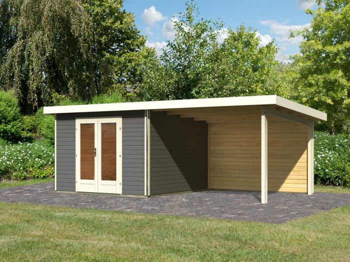 Karibu Gartenhaus Radeburg 1 terragrau mit Anbaudach 3,3 m inkl. Rückwand