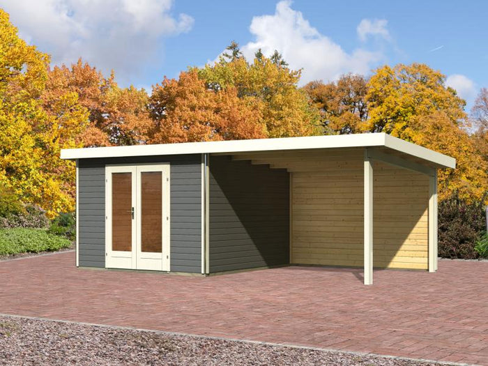 Karibu Gartenhaus Radeburg 1 terragrau mit Anbaudach 3,3 m inkl. Rückwand