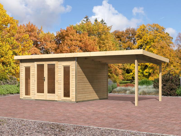 Karibu Gartenhaus Radeburg 2 natur 38 mm mit Anbaudach 3,3 m