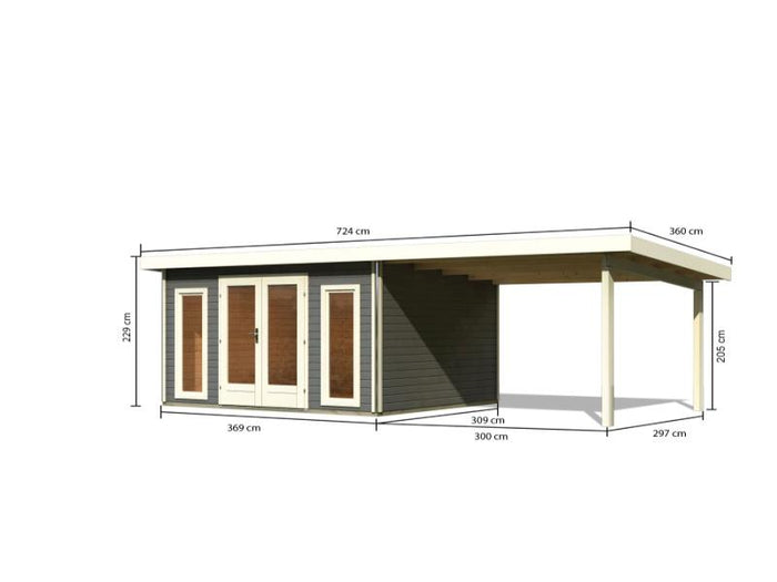 Karibu Gartenhaus Radeburg 2 terragrau 38 mm mit Anbaudach 3,3 m