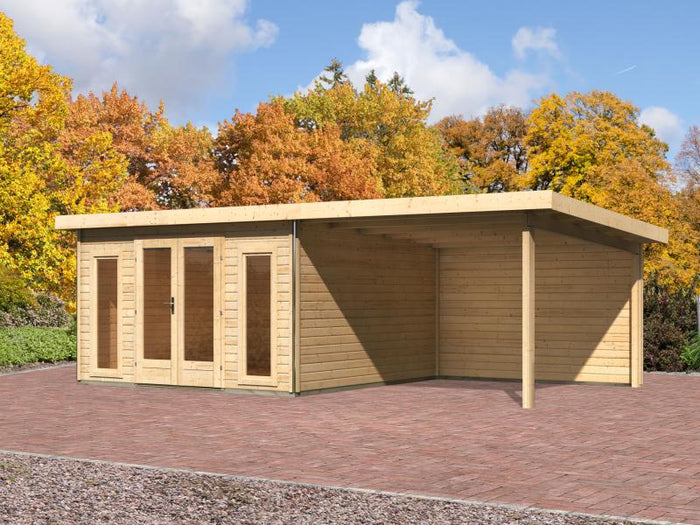 Karibu Gartenhaus Radeburg 3 natur mit Anbaudach 3,3 m und Rückwand