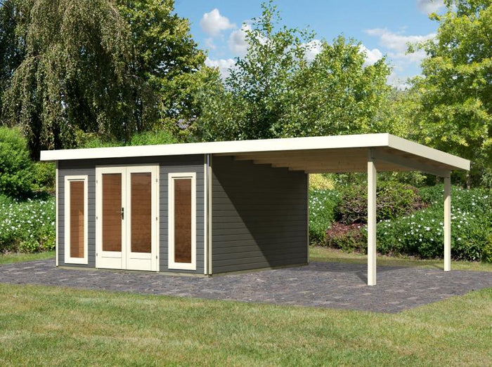 Karibu Gartenhaus Radeburg 3 terragrau mit Anbaudach 3,3 m