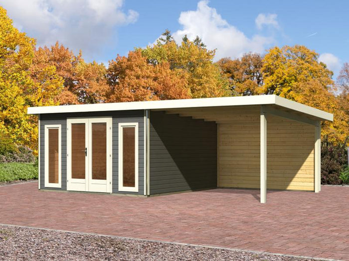 Karibu Gartenhaus Radeburg 3 terragrau mit Anbaudach 3,3 m und Rückwand