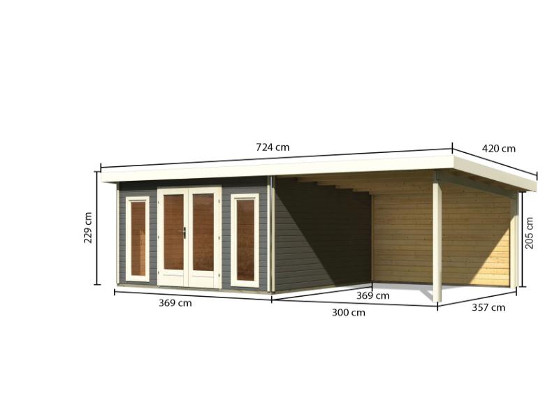 Karibu Gartenhaus Radeburg 3 terragrau mit Anbaudach 3,3 m und Rückwand