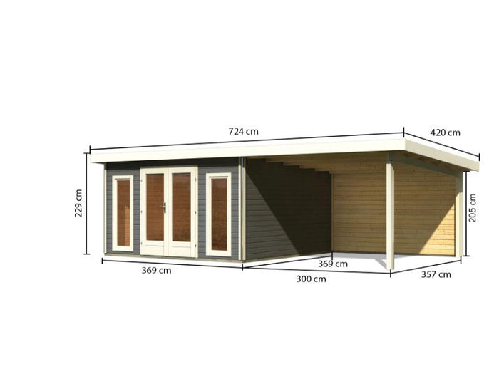 Karibu Gartenhaus Radeburg 3 terragrau mit Anbaudach 3,3 m und Rückwand