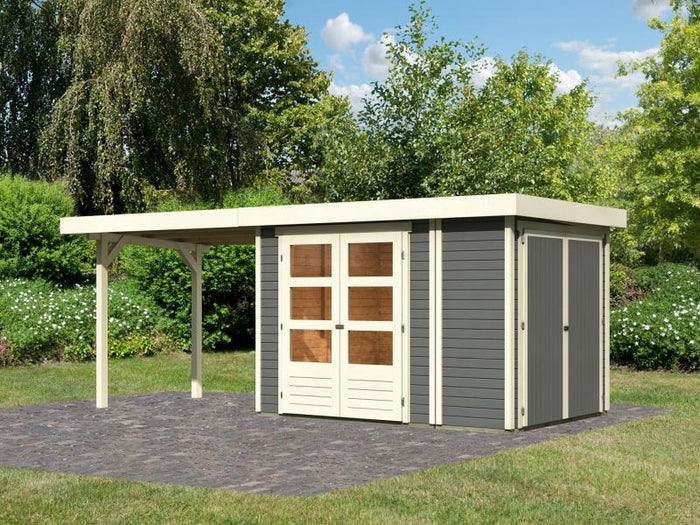 Karibu Gartenhaus Retola 2 in terragrau mit 2,80 Meter Anbaudach