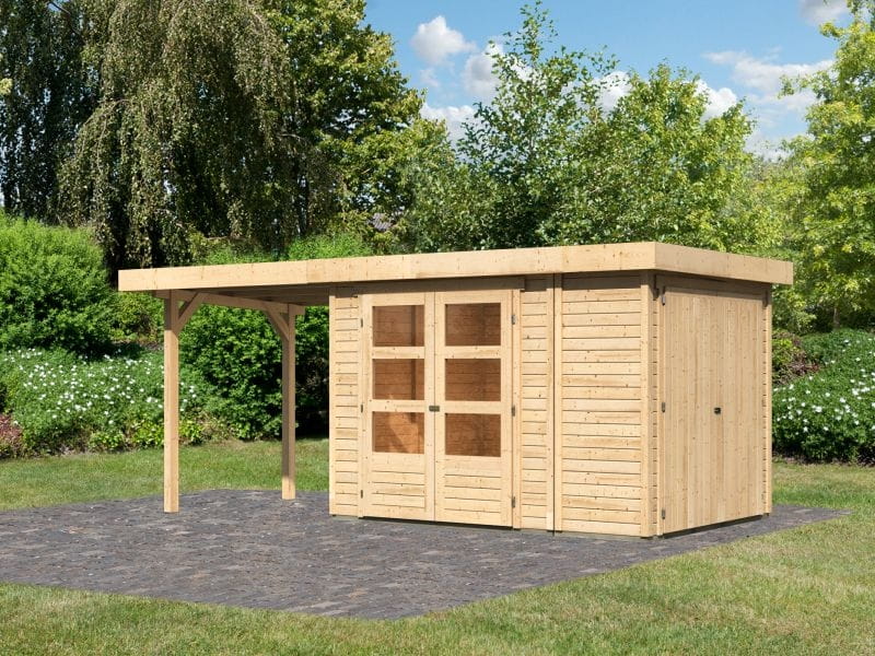 Karibu Gartenhaus Retola 2 natur mit Anbauschrank und 2,40 Meter Anbaudach