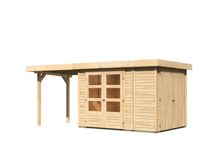 Karibu Gartenhaus Retola 2 natur mit Anbauschrank und 2,40 Meter Anbaudach