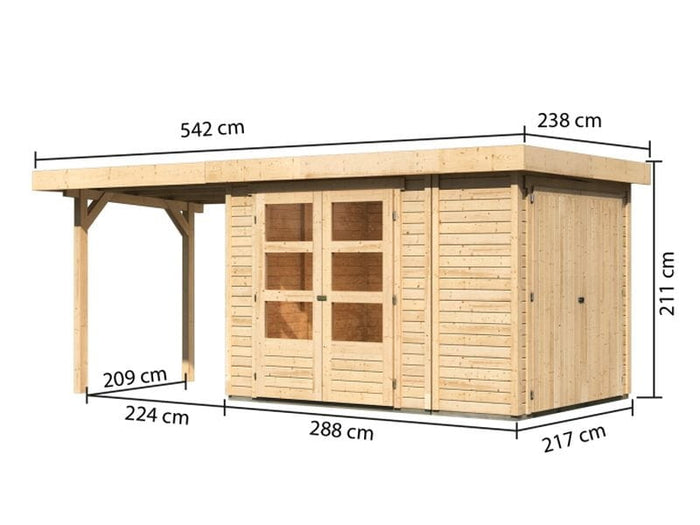 Karibu Gartenhaus Retola 2 natur mit Anbauschrank und 2,40 Meter Anbaudach
