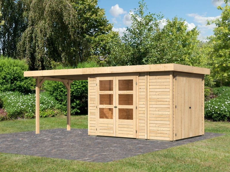 Karibu Gartenhaus Retola 2 natur mit Anbauschrank und 2,80 Meter Anbaudach
