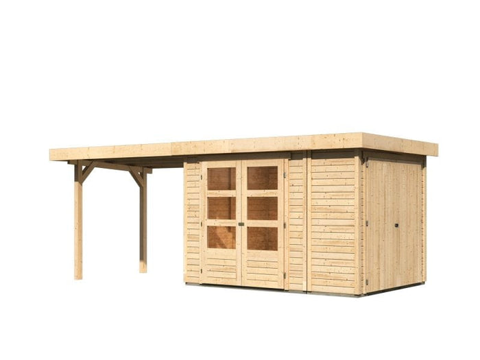 Karibu Gartenhaus Retola 2 natur mit Anbauschrank und 2,80 Meter Anbaudach