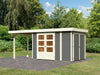 Karibu Gartenhaus Retola 3 in terragrau mit Anbaudach 2,40 Meter und Anbauschrank