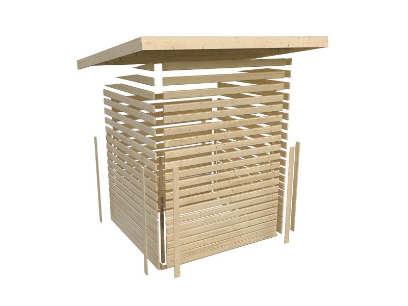 Karibu Gartenhaus Retola 3 in terragrau mit Anbaudach 2,40 Meter und Anbauschrank