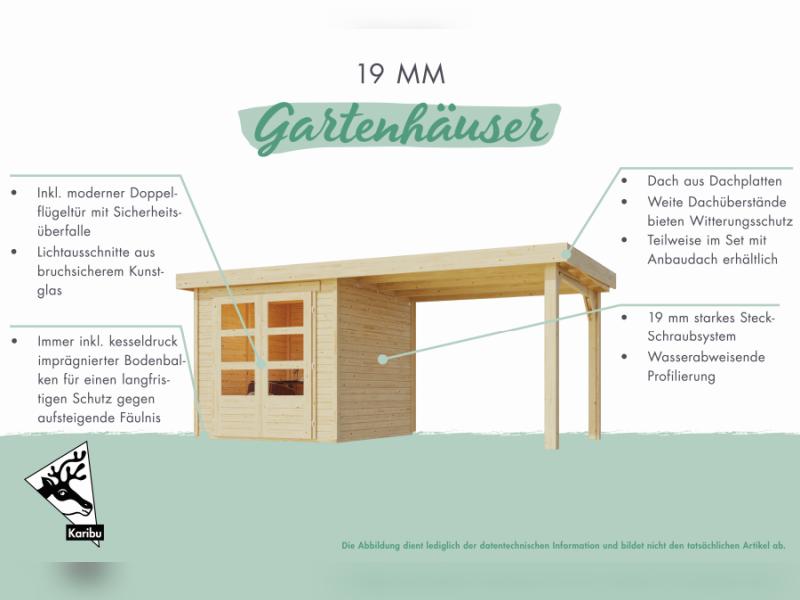 Karibu Gartenhaus Retola 3 in terragrau mit Anbauschrank und Anbaudachdach 2,80 Meter