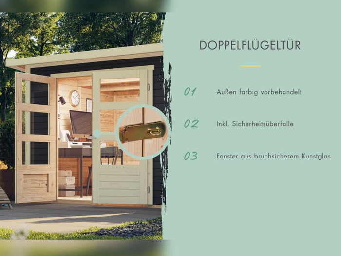 Karibu Gartenhaus Retola 4 mit Anbauschrank und Anbaudach 2,80 Meter, terragrau